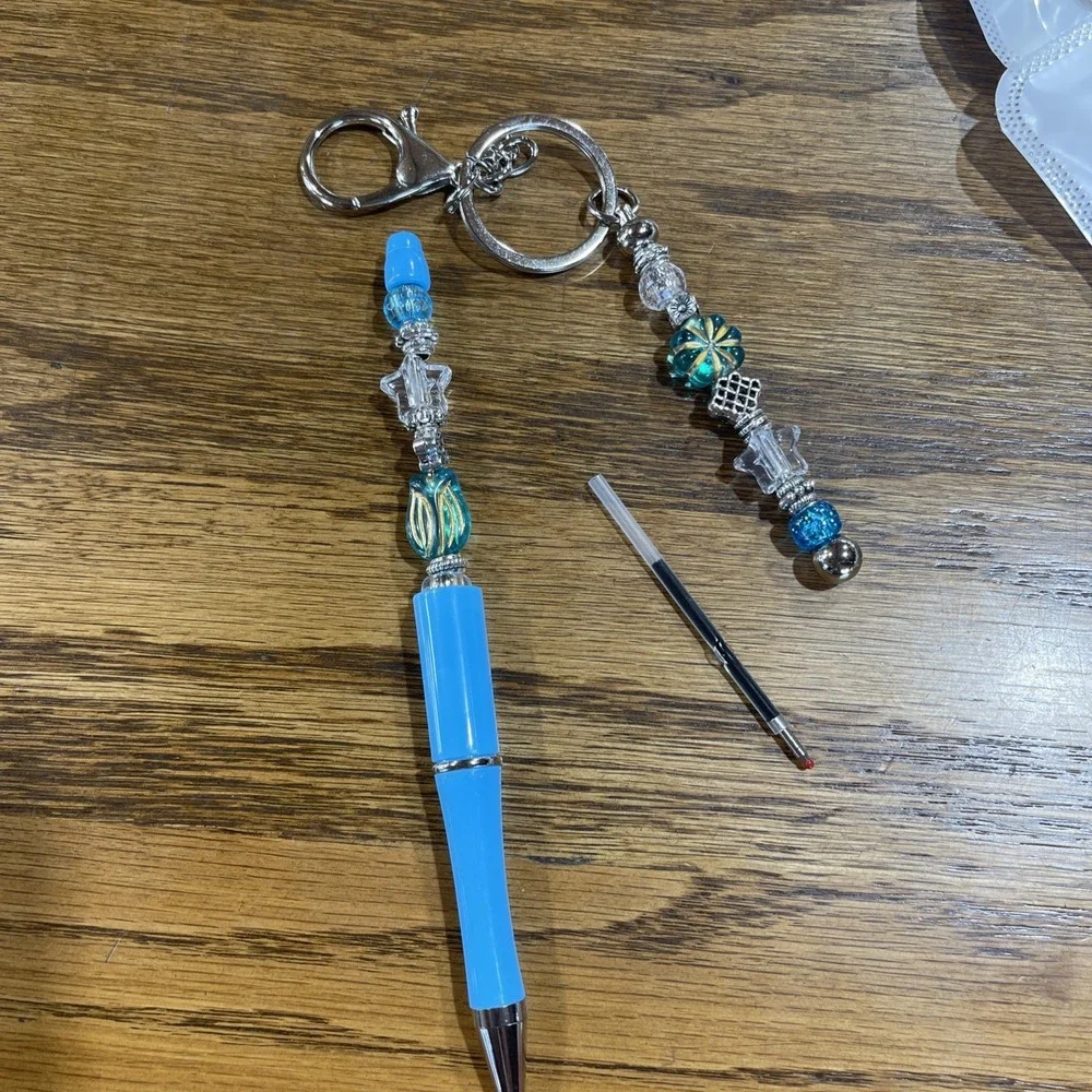 Decorated Multi Color Ink Pen + Refill &‎ Matching Key Chain Beaded Handmade NEW